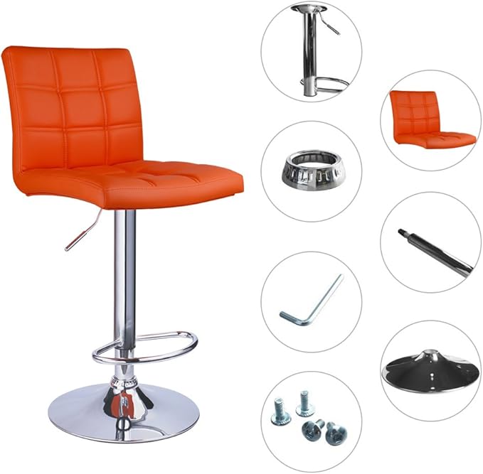Modern Square PU Leather Adjustable Bar Stools with Back, Set of 2, Counter Height Swivel Stool by Leopard (Orange)