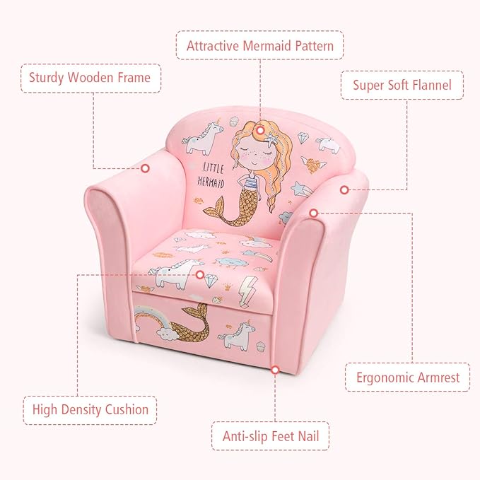 Costzon Kids Couch, Children's Sofa Armrest Chair with Pattern, Toddler Furniture w/Sturdy Wood Construction, Preschool, Lightweight Kids Couch Sofa Chair for Aged 1-5 Boys & Girls Gifts, Mermaid