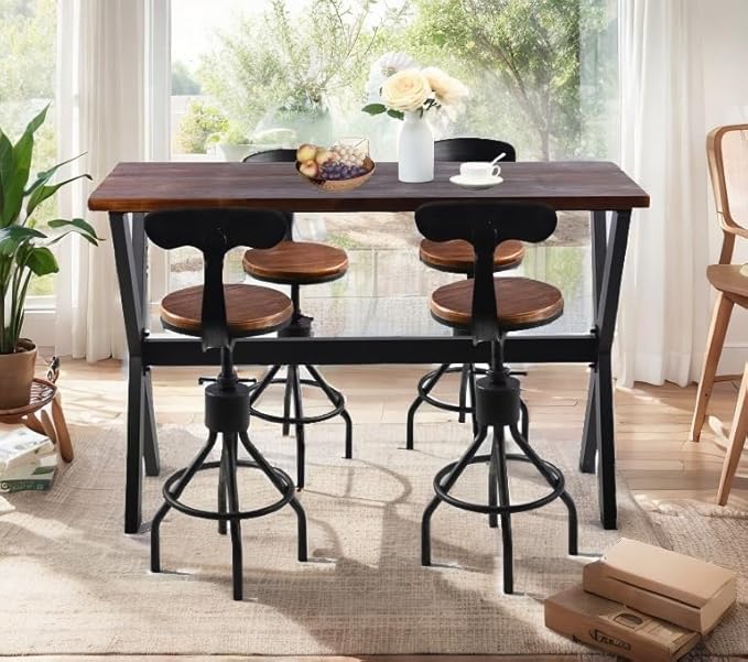Bar Table, 63"L×41.33"H Bar Height Pub Table High Top Rectangular Sofa Console Table Kitchen Dining Coffee Table, for Narrow Space, Living Room, Indoor, Rustic Brown Wood, Industrial Black Metal