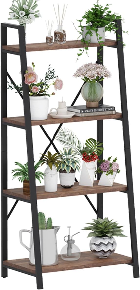 BON AUGURE Industrial Ladder Shelf Bookcase, 4 Tier Rustic Ladder Bookshelf, Standing Leaning Book Shelves for Living Room (Rustic Oak)