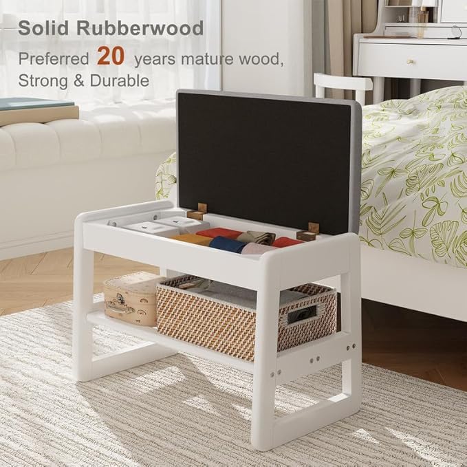 Small Shoe Bench with Cushion,2 Tiers Shoe Rack Bench with Flip-Top Storage,Wood Shoe Rack for Entryway(White,23.62")