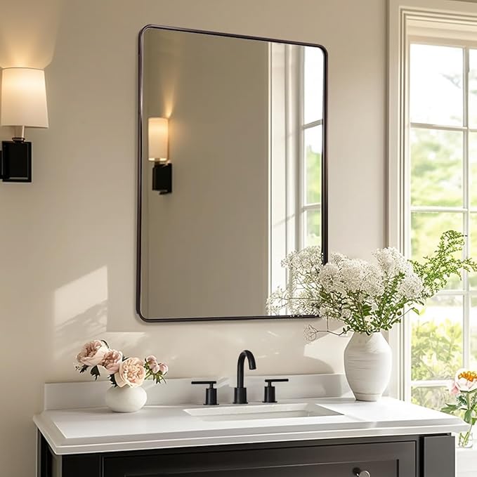 ANDY STAR 48x36 Inch Bronze Bathroom Mirror, Rounded Rectangle Oil Rubbed Bronze Mirrors for Bathroom,Tube Metal Framed, 1’’ Deep Wall Mounted Vertically/Horizontal