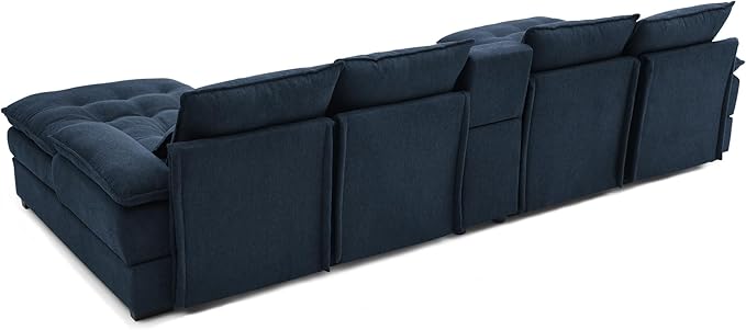 130" U-Shaped Sectional Sofa with Storage Console & Cup Holders, Upholstered 6 Seat Living Room Sleeper Couch Furniture Set w/Chaise, Cloud Cushion Couch for Home, Office, Apartment,Blue