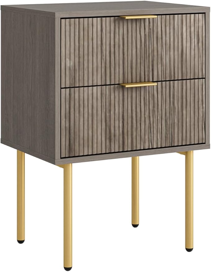 Nightstand,Small Bedside Table with Gold Frame,Morden Night Stand with 2 Drawer,End Table,Side Table with Drawer and Shelf for Bedroom,Living Room (Grey-2Drawer)