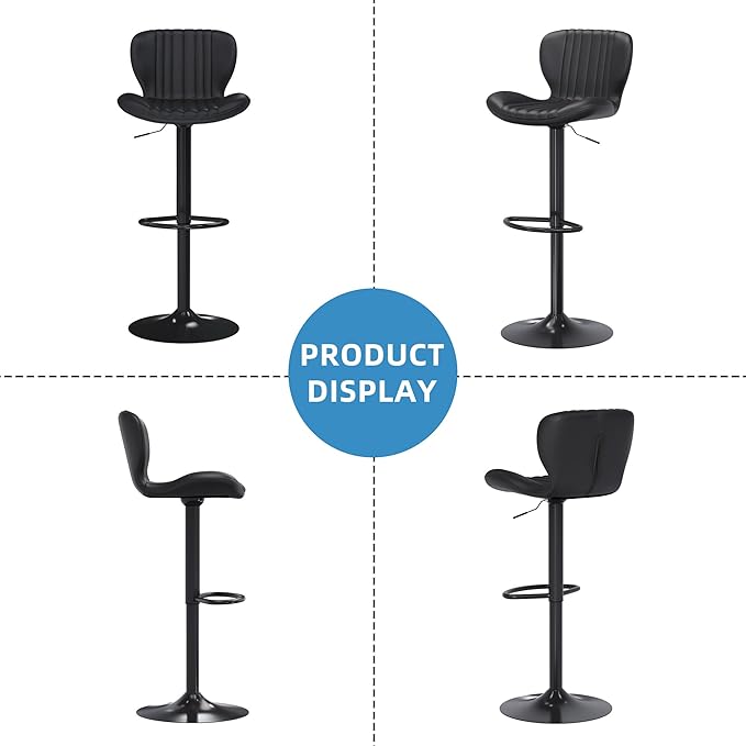 Shintenchi Bar Stools Set of 2 Modern Swivel Bar Chairs, Counter Height Faux Leather Metal Barstools, Upholstered Island Chairs with Back and Footrest, Black