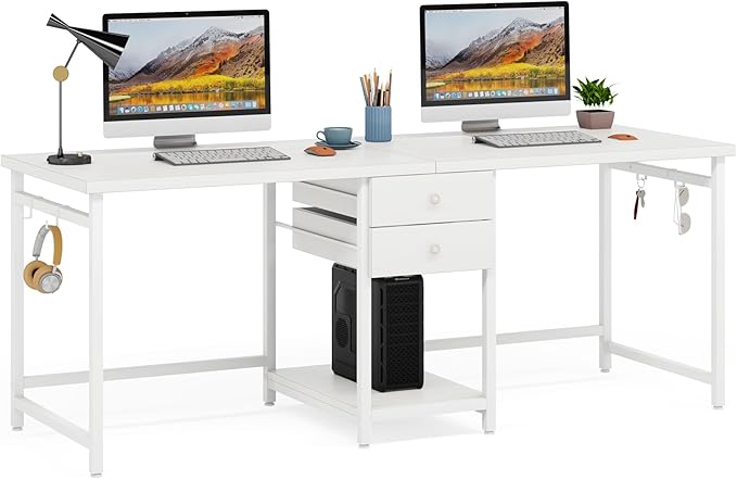 Tribesigns 79 Inch Extra Long Desk, Double Desk with 2 Drawers, Two Person Desk Long Computer Desk with Storage Shelves, Writing Table Study Desk for Home Office, White