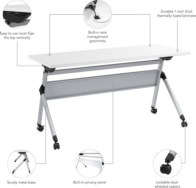 Bush Business Furniture Folding Training Table, 60 inch Desk, Commercial-Grade Bundle for Office or Classroom, Envision Collection, White