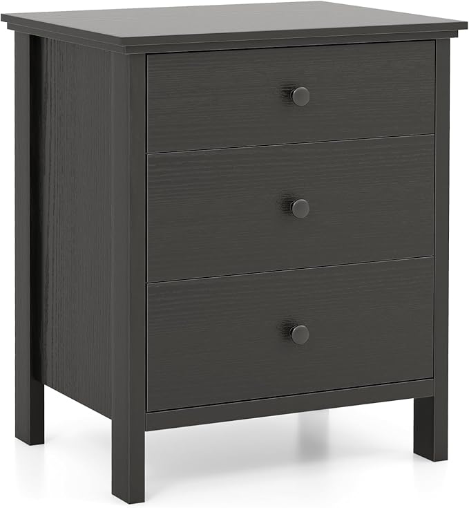 KOMFOTT 3 Drawers Nightstand, Wooden Bedside Table, Modern Sofa Side End Table, Space-Saving Telephone Table, Chest of Drawers for Living Room, Bedroom & Office (1, Black)