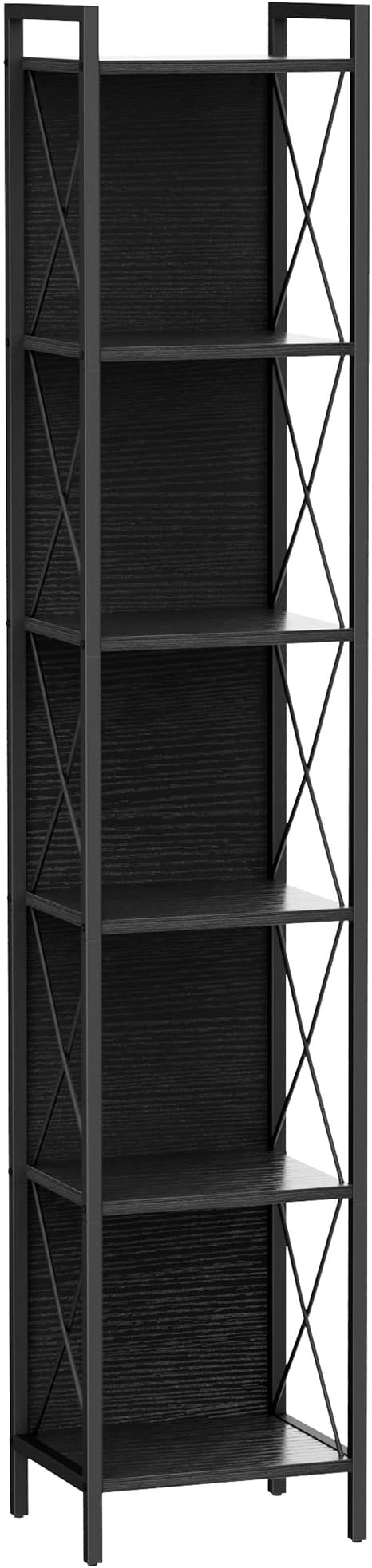 Homhedy 6 Tier Bookshelf Bookcase, Tall Narrow Bookshelf for Small Space, Metal Storage Shelves with Back Panel, for Home Office, Living Room, Kitchen, Bedroom, Industrial Style, Black