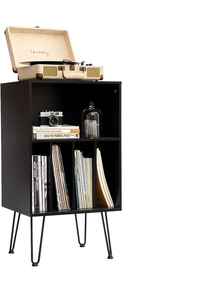 Record Player Stand with Vinyl Storage, Vinyl Record Storage Cabinet Holds Up to 150 Albums, End Table for Record Player, Turntable Stand with Record Storage for Living Room, Black