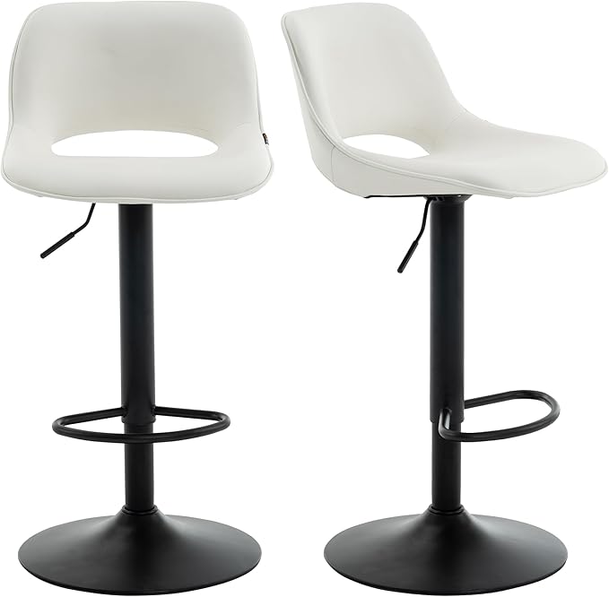 YOUNIKE Bar Stools Set of 2, Adjustable Counter Height Barstools Faux Leather Upholstered Counter Stools with Hollow Back for Kitchen Island, Warm White