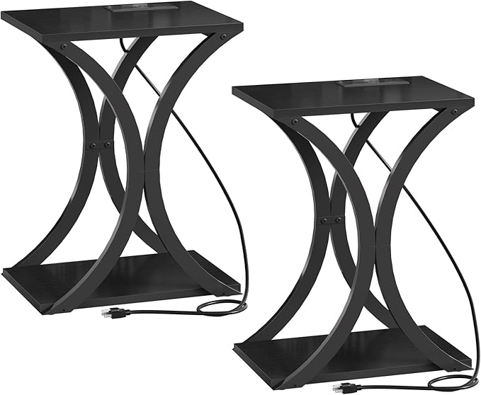 End Table with Charging Station, 2-Tier Modern Side Table Set of 2, Nightstand with Storage Shelf, for Small Spaces, for Bedroom, Living Room, Home Office, Black TBZ20UP2BB