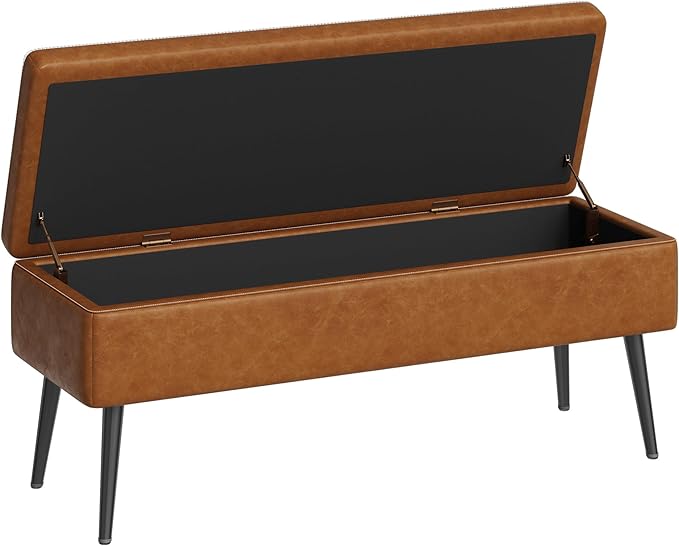 GarveeHome Storage Ottoman Bench, Mid-Century Modern Entryway Bedroom Bench, Synthetic Leather with Stitching, Safety Hinges, Loads 680 Lb, Brown