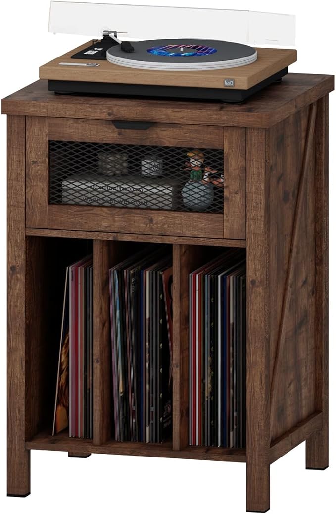 BON AUGURE Record Player Stand with Vinyl Storage, Farmhouse Record Player Cabinet End Table Holds up to 160 Albums, Brown Turntable Stand for Living Room, Bedroom, Office (Rustic Oak)