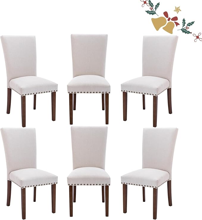 Set of 6 Beige Upholstered Dining Chairs, Farmhouse Kitchen Chairs with High Back, Solid Rubberwood Legs, Comfortable Padded Foam Seat, Bronze Nailhead Trim, Dining Room Chairs for Large Families