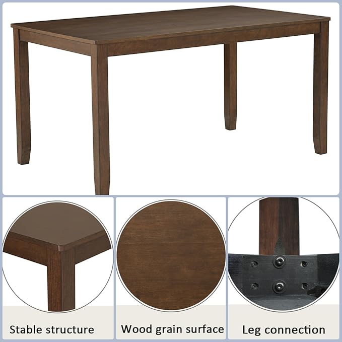 Dining Table Set for 5, 6-Piece Kitchen Table & Chairs Set with Rectangular Table, Bench & 4 Upholstered Chairs, 58'' Dinner Set with Rubber Wood Legs & Curved Backrest for Kitchen, Walnut