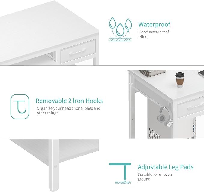 Lufeiya White Desk with Keyboard Tray Slide Out, 47 Inch Home Office Computer Desks with Fabric Drawers & Storage Shelves, Modern Simple Study Writing Table PC Desks for Bedroom, White