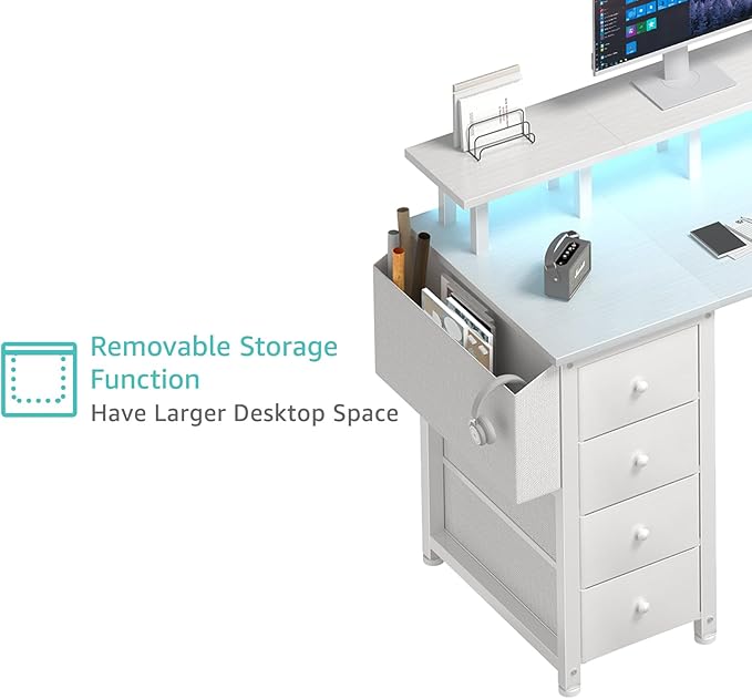 Lufeiya White L Shaped Computer Desk with Fabric Drawers, 55 Inch Corner Home Office Desk with Monitor Stand Shelves, Writing Study Gaming Desks with Led Lights and Power Outlets for Bedroom, White