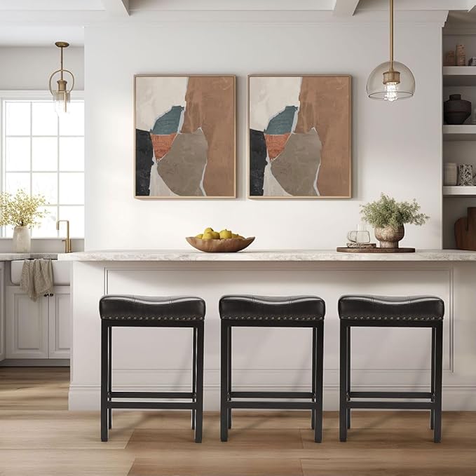 Counter Stools Set of 2 Upholstered Counter Height Bar Stools with Padded Seats and Metal Base, Leather Saddle Stool for Modern Kitchen Island, 22.4-Inch, Black