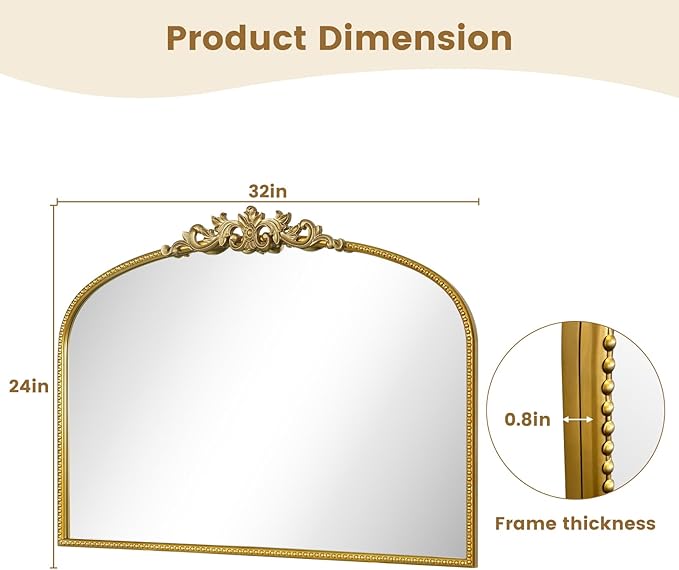 WallBeyond Gold Vintage Mirror - 32x24 Inch, Arched Antique Mirror with Ornate Frame for Bathroom, Living Room, Fireplace, Entryway