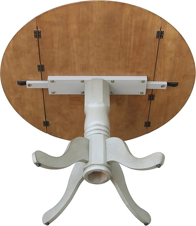 IC International Concepts, 42" Round Dual Drop Leaf Pedestal Dining Table, Solid Real Wood, Sturdy Parawood, Distressed Hickory/Stone