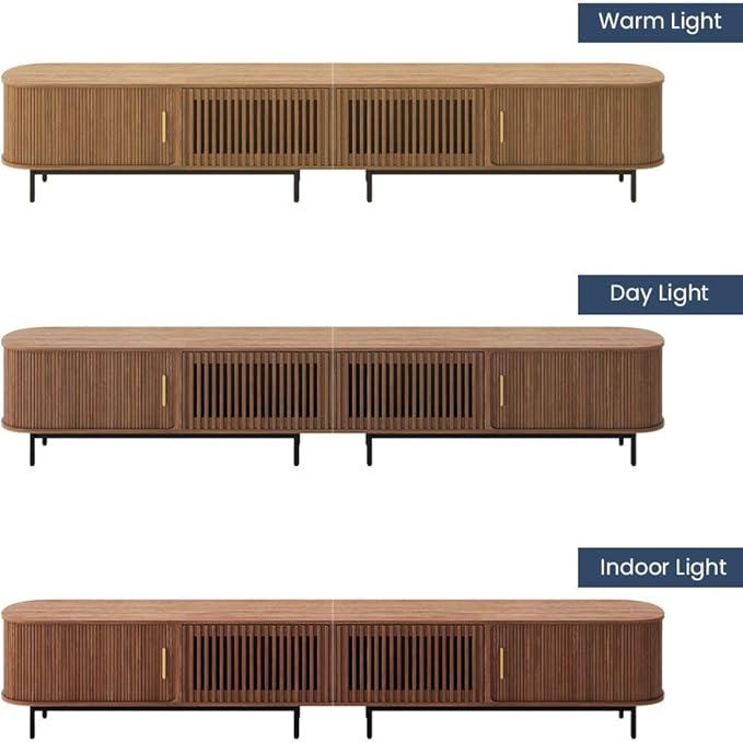 POVISON Sliding Tambour Door TV Stand with LED Lights, Mid Century Modern TV Console, Wood Media Console, Entertainment Center with Storage Cabinet, Fully-Assembled (Walnut, 118.11")