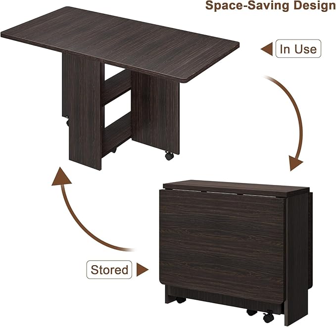 GarveeHome Folding Dining Table, Space Saving Farmhouse Dining Table for 4 Storage Shelf, 6 Wheels Multipose Expandable Kitchen Drop Leaf Table for Small Space (Dark Walnut, 50.1"D x 31.4"W x 29.5"H)