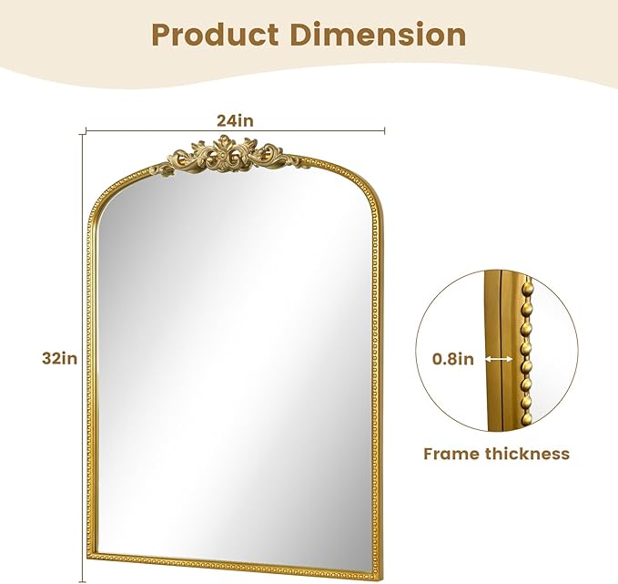 WallBeyond Gold Vintage Mirror - 24x32 Inch, Arched Antique Mirror with Ornate Frame for Bathroom, Living Room, Fireplace, Entryway