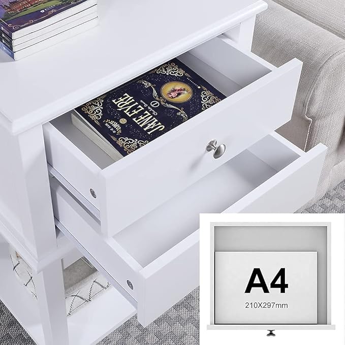 conifferism White Nightstand 2 Drawers and Storage Shelf, 28" High Bedroom Night Stand, Contemporary Modern Bed Side Table, Living Room Country Cottage 19" Wide End Table Metal Sliders
