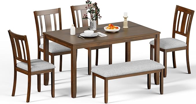 6-Piece Wooden Dining Set, Dining Table & Chair Set for 6, Includes Dining Table, 4 Upholstered Chairs & 1 Bench, Dining Table with Wood Legs, Table Set for Dining Room, Kitchen, Walnut
