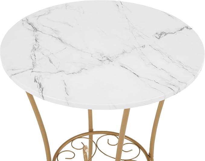 JOIN IRON 2-Piece Bistro Dining Set for Indoor Use, Marble-Look Tabletop with Gold Metal Frame, Vintage French Café Style Round Table and Chairs for Kitchen, Breakfast Nook, Small Apartment (Gold)
