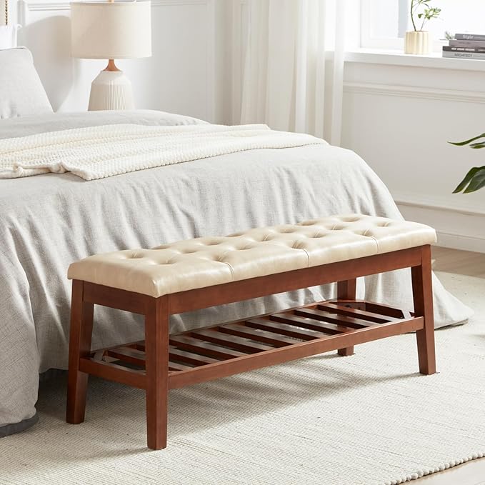 Upholstered Shoe Bench Entryway Bench for Bedroom, End of Bed, Ottoman Bench Tufted Padded Seat with Solid Wood Shelf for Living Room, Faux Leather Ivory