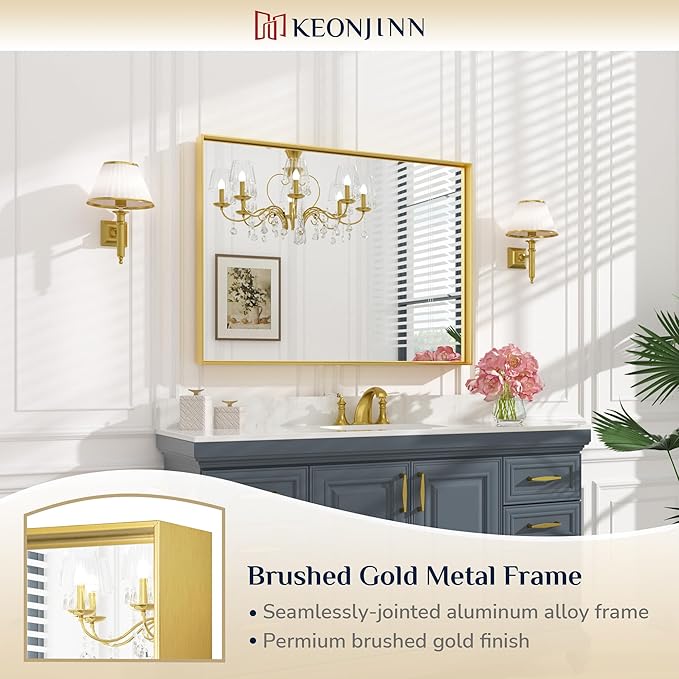 Keonjinn Gold Bathroom Mirror 40 x 30 Inch, Brushed Gold Mirror for Over Sink, Aluminum Alloy Framed, Square Corner, Modern Farmhouse, Large Rectangular Vanity Mirror for Wall(Horizontal/Vertical)