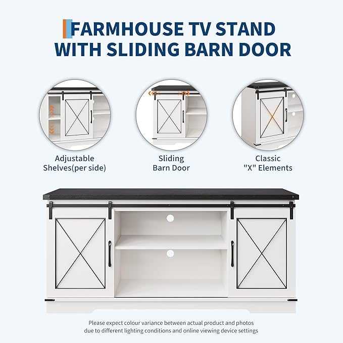 GarveeHome Farmhouse TV Stand for TV up to 65 Inches and Entertainment Center with Sliding Barn Doors and Adjustable Shelf, Tv Media Console Table with Storage Cabinet for Living Room, Bedroom, White