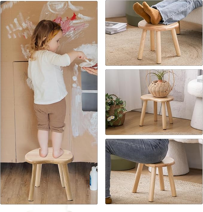 Wooden Stool, Small Step Stool for Kids, 10 inch Small Short Solid Wood Chair Perfect Matched Sensory Table, Sturdy and Versatile for Bathroom, Kitchen, Bedroom, Plant Stand (Burlywood)
