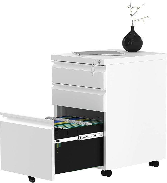 YITAHOME 3-Drawer Mobile File Cabinet with Lock, Office Storage Filing Cabinet for Legal/Letter Size, Pre-Assembled Metal File Cabinet Except Wheels Under Desk -White