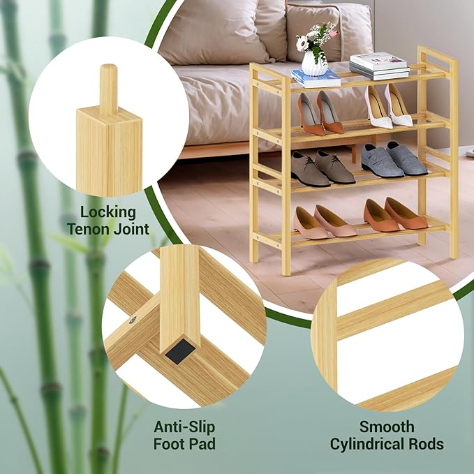 Haddockway Bamboo Shoe Rack for Closet, Free Standing Shoe Organizer with Smooth Round Rods & Convenient Handles, Stackable Shoe Storage Shelf for Entryway, Hallway(Natural, 4-Tier(Small))