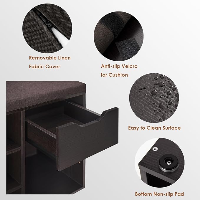 DINZI LVJ Shoe Bench, Entryway Storage Bench with Drawer and 11 Cubbies, Cubby Shoe Rack with Adjustable Shelves, Shoe Organizer Cabinet for Living Room, Bedroom, Mudroom, Closet and Garage, Espresso