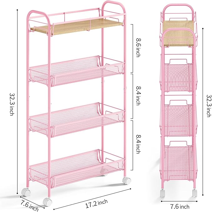 KINGRACK Metal Slim Rolling Cart,4-Tier Metal Utility Cart,Storage Cart with Wooden Tabletop, for Narrow Space on Laundry Bathroom Kitchen Room Bedroom Apartments Dormitory (Pure Pink, Slim)