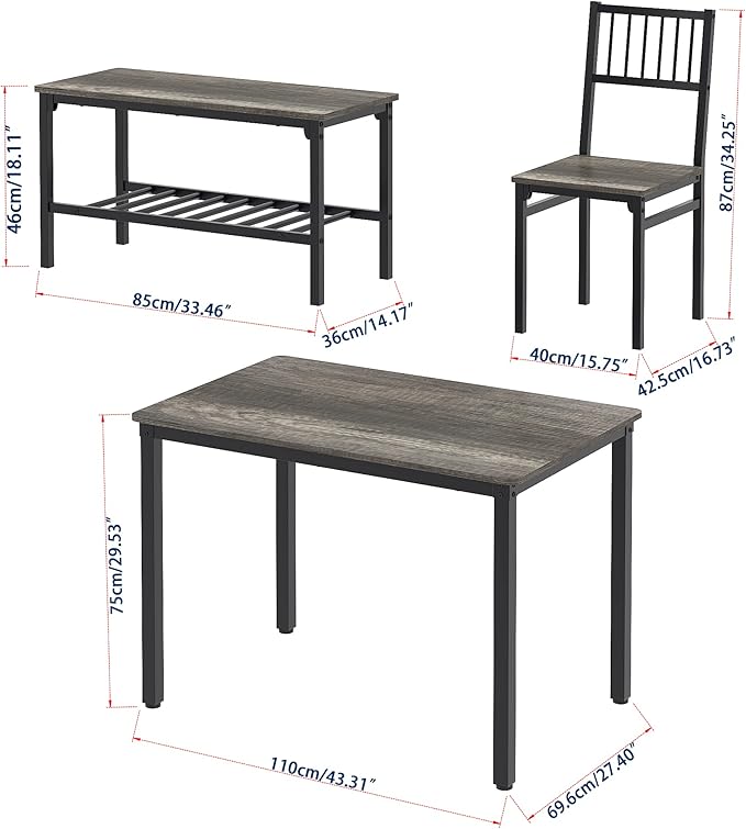 Teraves Dining Table Set for 4/Computer Desk,Kitchen Table with 2 Chairs and a Bench,Table and Chairs Dining Set 4 Piece Set for Dining Room (Black Oak+Black Frame, 110CM)