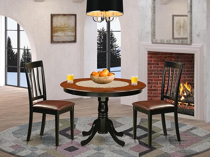 East West Furniture HLAN3-BCH-LC 3 Piece Dining Room Table Set Contains a Round Kitchen Table with Pedestal and 2 Faux Leather Upholstered Dining Chairs, 42x42 Inch, Black & Cherry