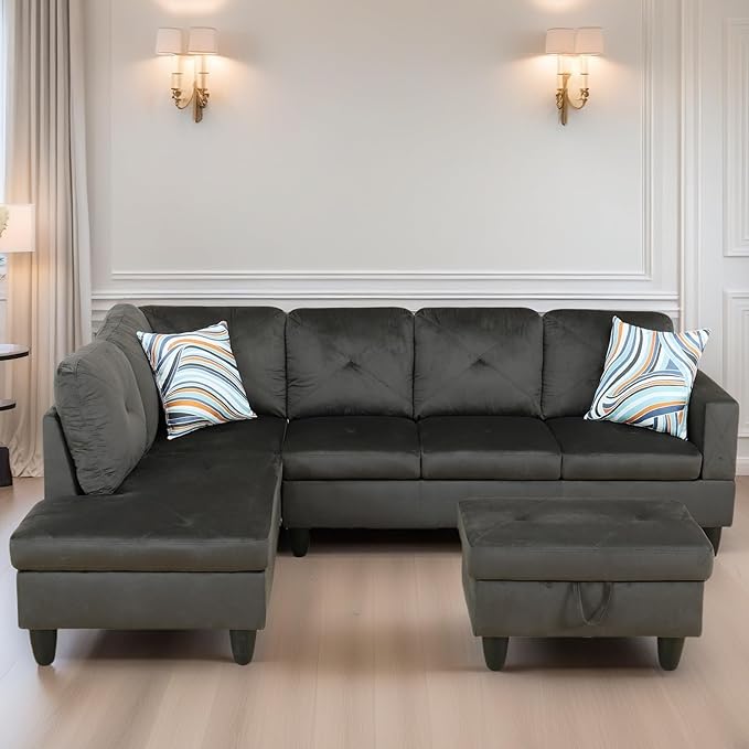 L Shaped Sectional Couch Sofa, Modern Couches for Living Room, Comfy 4 Seat Modular Sectional Sofa with Ottoman Storage for Bedroom Apartment, Coffee