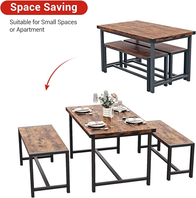 Garvee Dining Table Set for 4, Kitchen Table with Benches, 3 Piece Rectangular Dining Room Set with 2 Wooden Benches for Small Space, Apartment, Studio, Home, Rustic Brown
