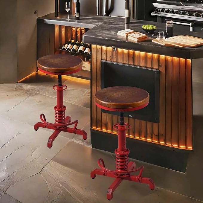 Topower Industrial Retro Vintage Farm Wooden Seat Tractor Stool Kitchen Swivel Height Adjustable bar Stool Antique Red