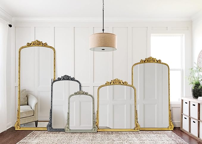 Antiqued Gold Ornate Mirror Arched Mantel Wall Mirror Baroque Inspired Bathroom Vanity Rectangle Wall Mounted Mirror, 30 x 34''