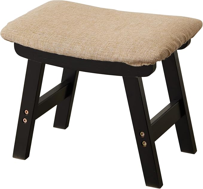 Foot Stool,Ottoman,Bamboo Small Sofa Foot Rest Under Desk,Extra Seating for Living Room, Bedroom and Kitchen (Black Stool Legs - Beige Surface)