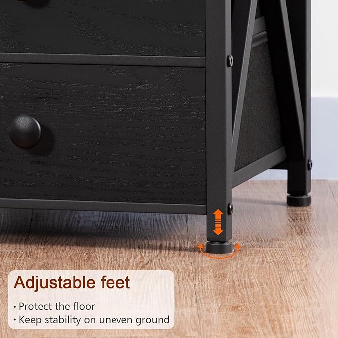 AMHANCIBLE Night Stand Set 2, LED Nightstand with Charging Station, End Side Tables with USB Port & Outlet, Bedside Table with Fabric Drawers for Bedroom Living Room, Black, HET053LBK