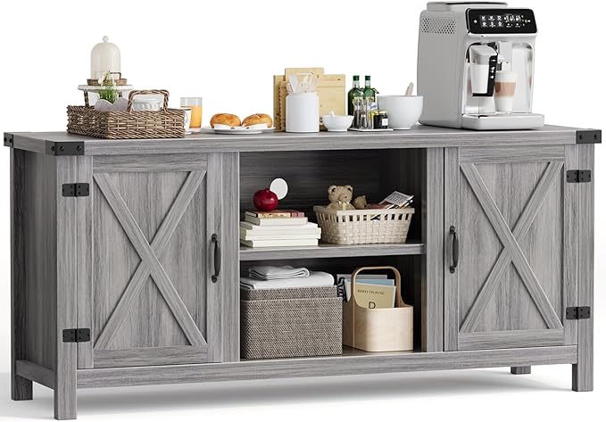 YESHOMY Farmhouse Buffet & Sideboard, 58" Kitchen Storage Cabinet with Adjustable Shelves & Doors, Wood Coffee Bar for Living Room, Entryway, Gray Washed