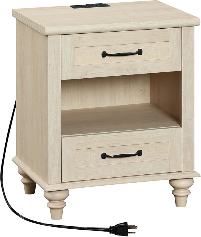 WAMPAT Beige Side Table with Charging Station, Elegant Nightstand for Bedroom with 2 Drawers & Open Shelf, Wooden End Table Bedside Table for Living Room, Kids Room