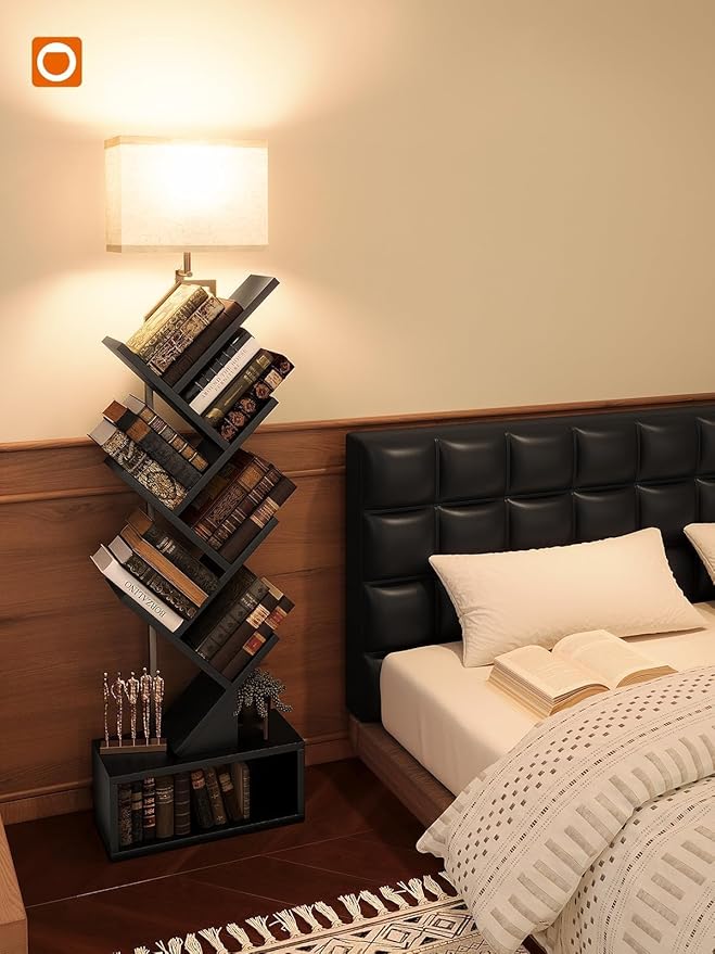 addlon 6-Tier Tree Bookshelf, Steel&Wood Corner Shelf with 3CCT Bulb,Small Book Shelf for Bedroom, Home Office&Living Room-Rustic Brown-Black Oak